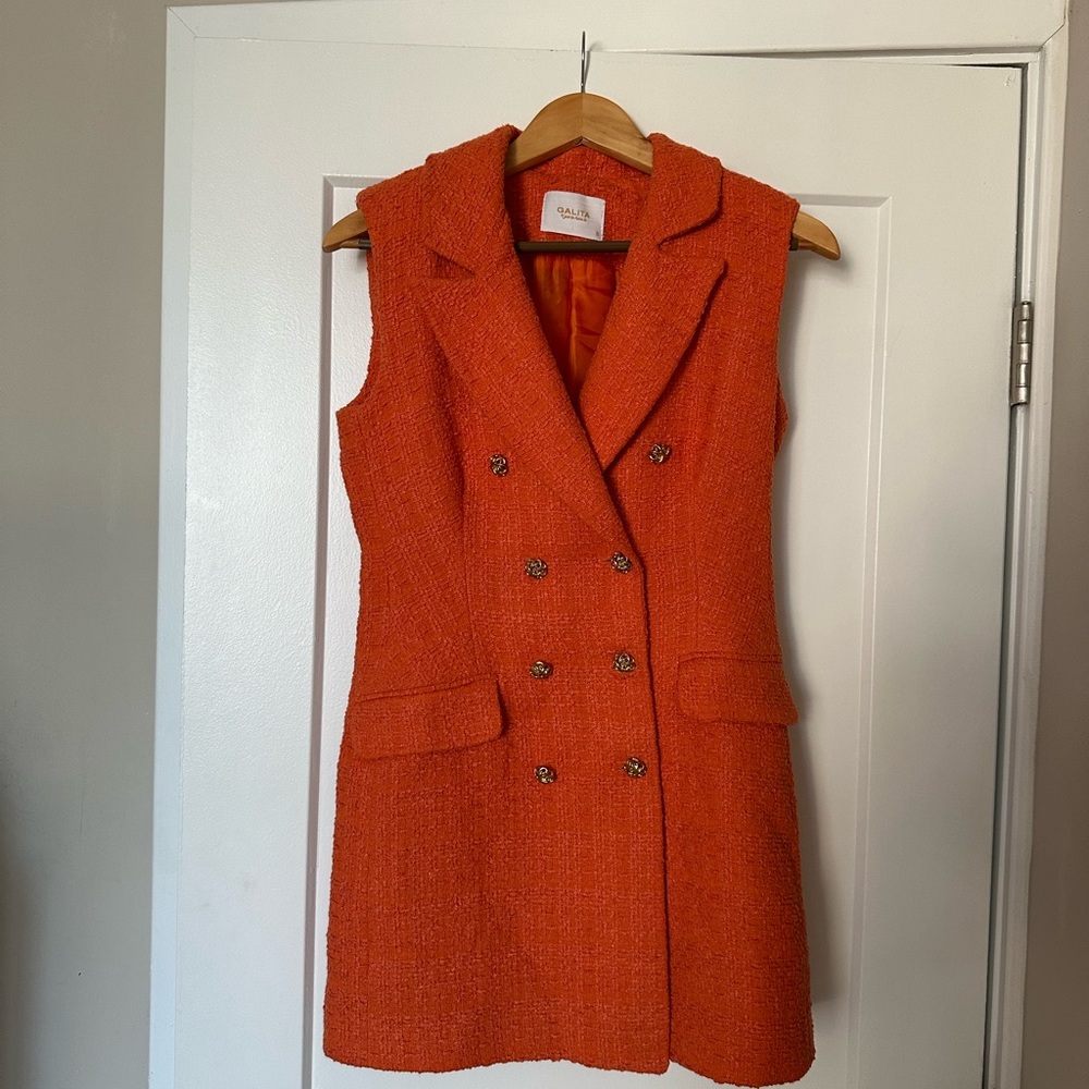 Chic Orange Double-Breasted Women's Vest Mini Dress